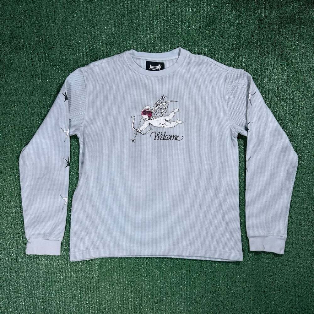 Welcome Y2K Style Waffle Knit Long Sleeve T-Shirt Cupid Graphic Medium
